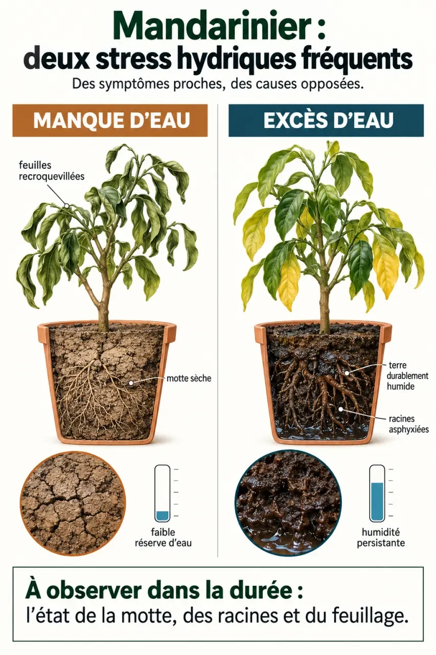 Mandarinier qui perd ses feuilles : manque d’eau ou racines asphyxiées ? 2 Mandarinier qui perd ses feuilles : comparaison entre manque d’eau et excès d’eau