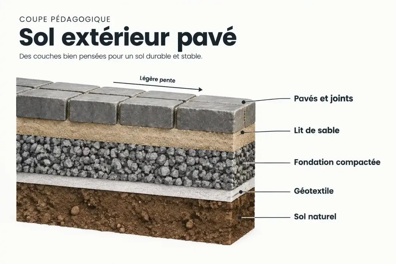 Schéma des couches de pose d'un pavage et dallage extérieur : géotextile, fondation, lit de sable, pavés et joints