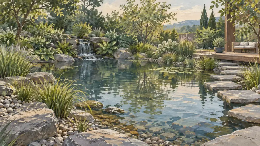 Idée aménagement bassin extérieur : berges vivantes et eau claire