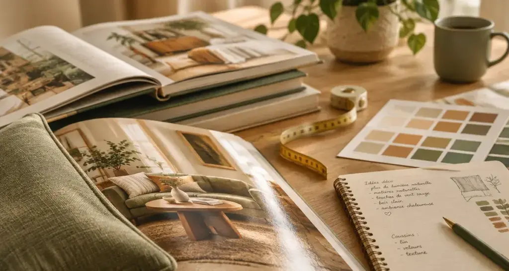 Livre décoration intérieur sur table, près d’un mètre ruban et carnet, pour choisir selon votre projet