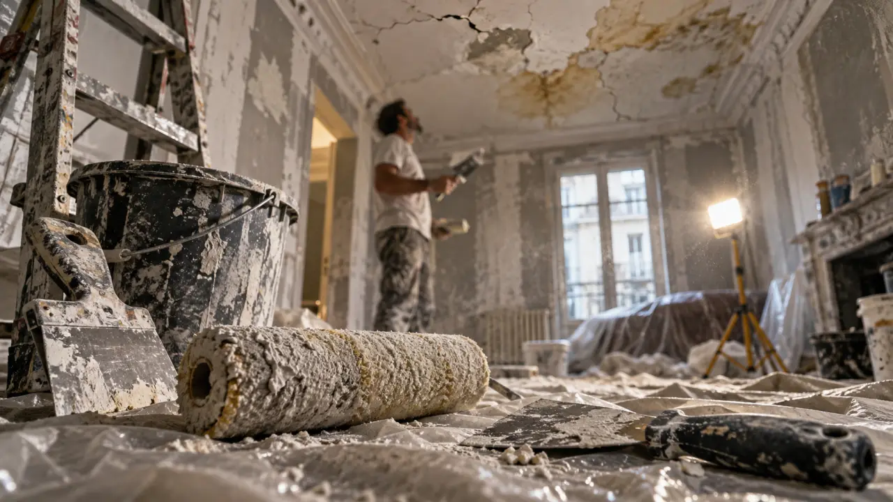 Rénover un plafond : traitez l’humidité avant de masquer les fissures 26 Plafond renovation avec humidité et fissures, à traiter avant rebouchage