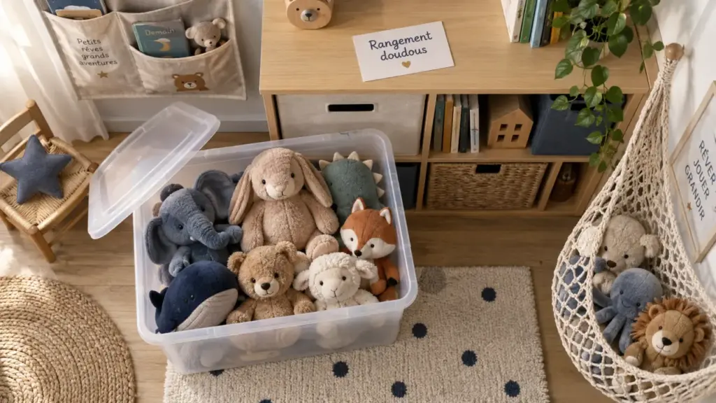 Rangement doudous : bacs et filet mural en chambre enfant