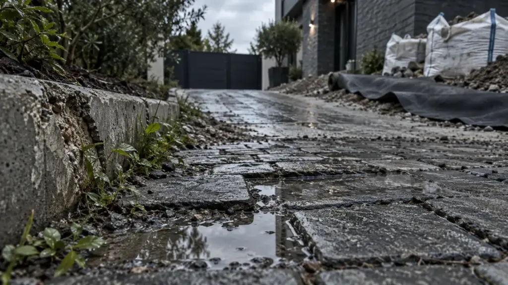 Rénovation allée maison : flaques et fissures entre pavés