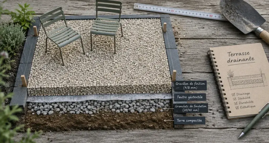 Terrasse en gravillon : couches drainantes visibles sous le gravier
